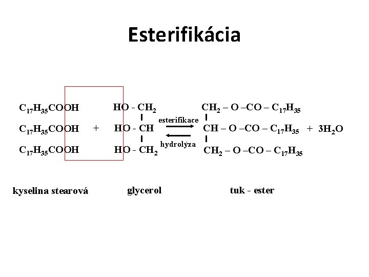 Esterifikácia HO - CH 2 C 17 H 35 COOH kyselina stearová + HO