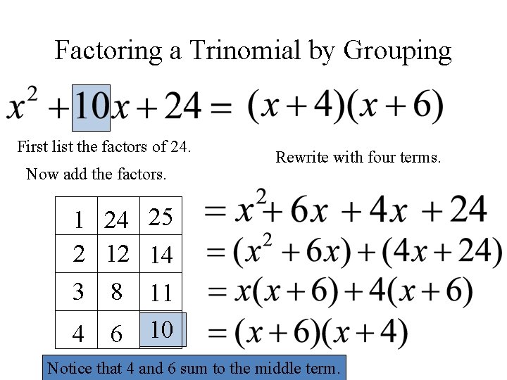 Factoring a Trinomial by Grouping First list the factors of 24. Now add the