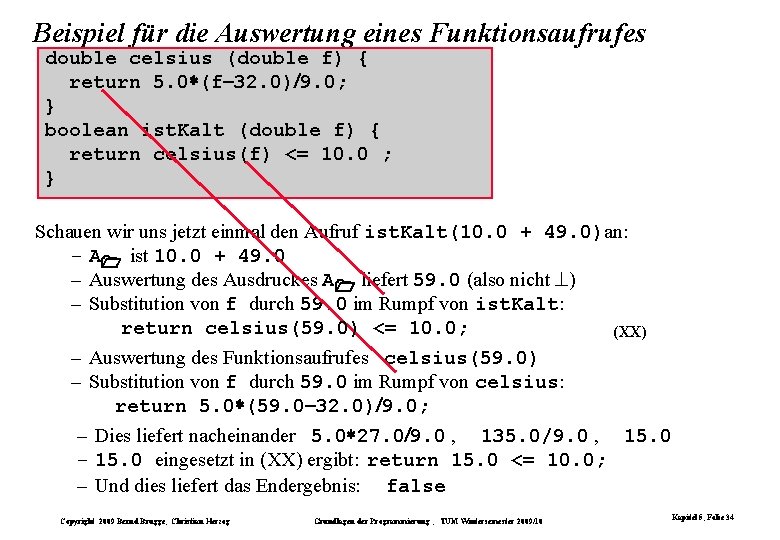 Beispiel für die Auswertung eines Funktionsaufrufes double celsius (double f) { return 5. 0