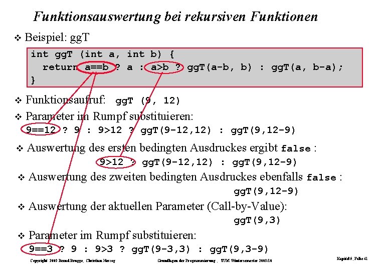 Funktionsauswertung bei rekursiven Funktionen Beispiel: gg. T int gg. T (int a, int b)