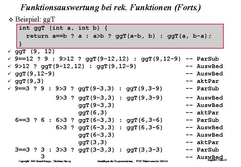 Funktionsauswertung bei rek. Funktionen (Forts. ) ü ü ü Beispiel: gg. T int gg.