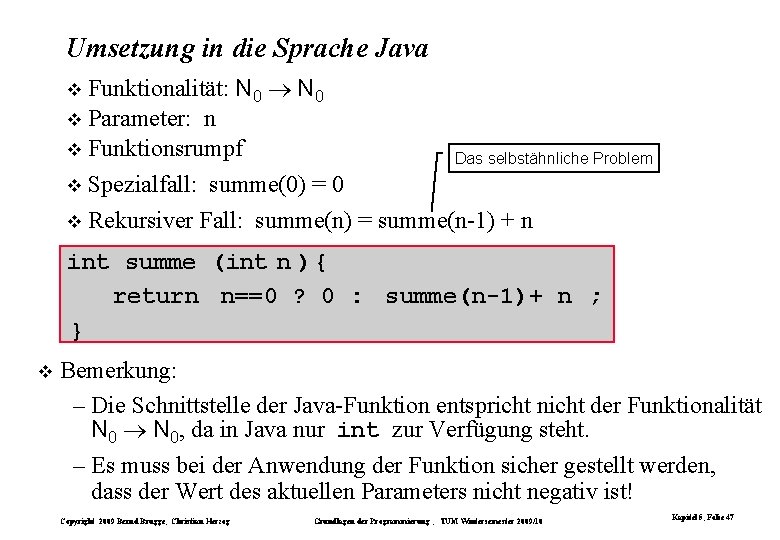 Umsetzung in die Sprache Java Funktionalität: N 0 Parameter: n Funktionsrumpf Das selbstähnliche Problem
