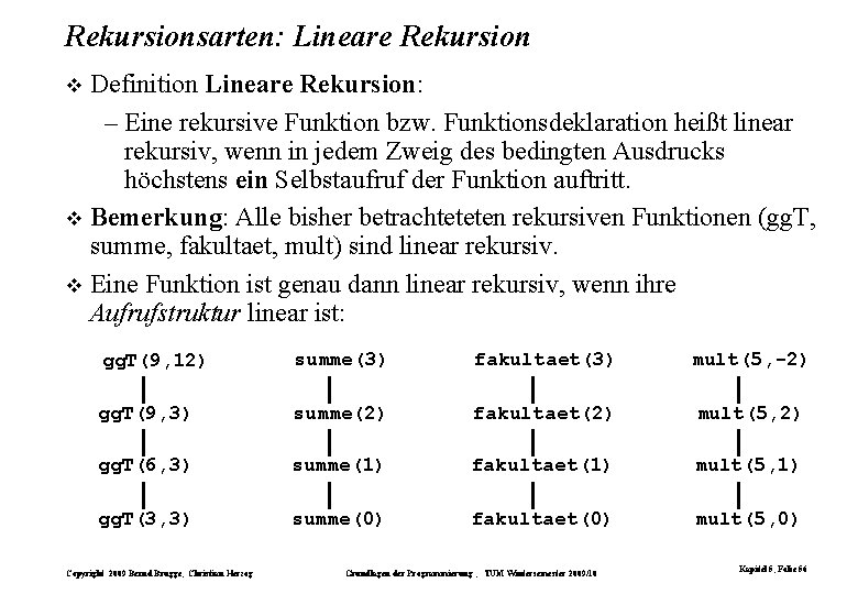 Rekursionsarten: Lineare Rekursion Definition Lineare Rekursion: – Eine rekursive Funktion bzw. Funktionsdeklaration heißt linear