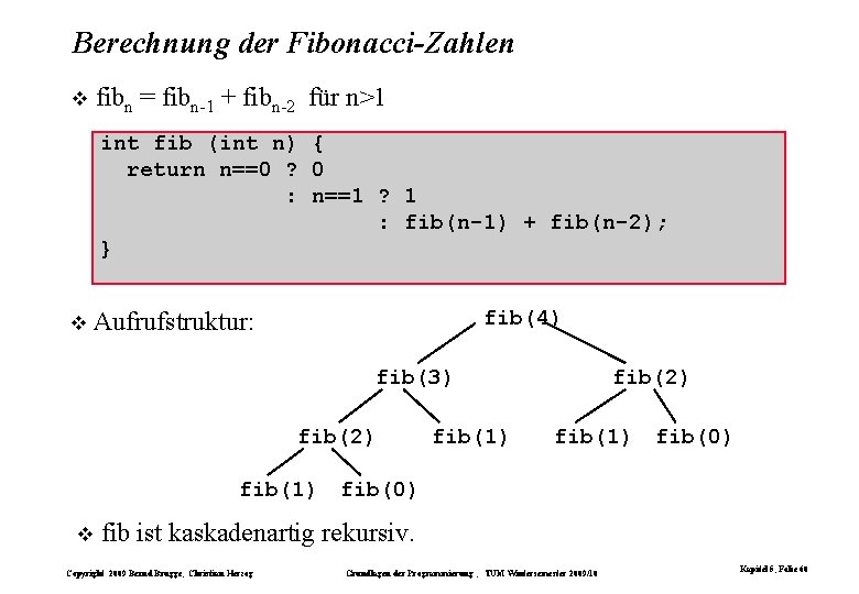 Berechnung der Fibonacci-Zahlen fibn = fibn-1 + fibn-2 für n>1 int fib (int n)