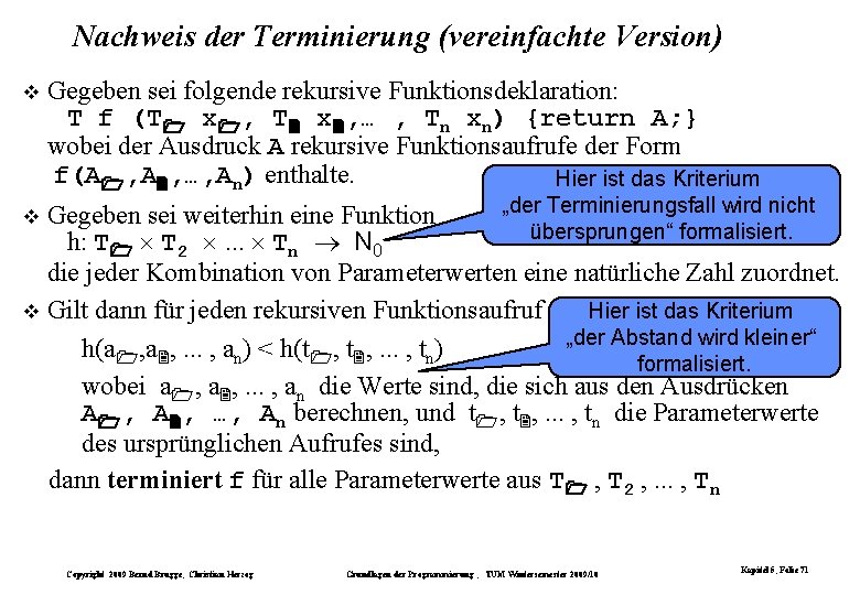 Nachweis der Terminierung (vereinfachte Version) Gegeben sei folgende rekursive Funktionsdeklaration: T f (T x