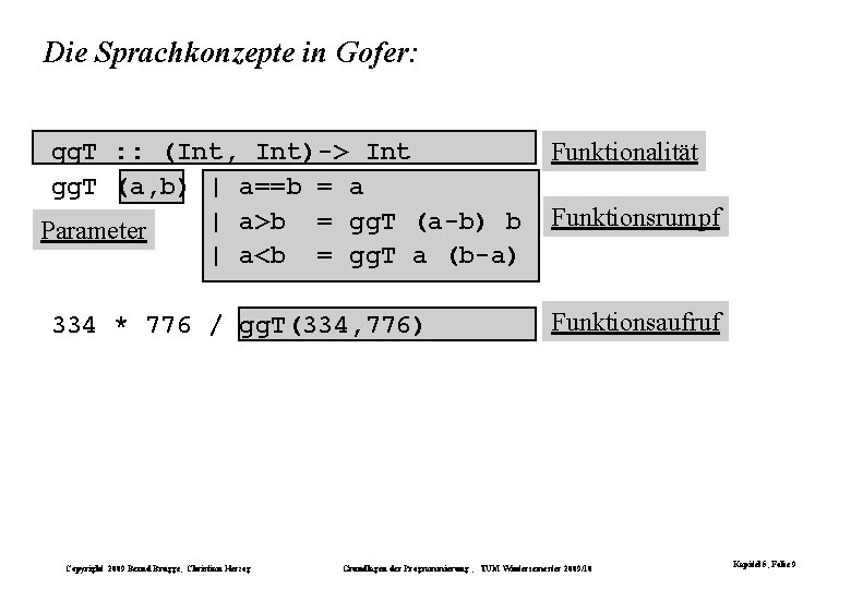 Die Sprachkonzepte in Gofer: gg. T : : (Int, Int)-> Int gg. T (a,