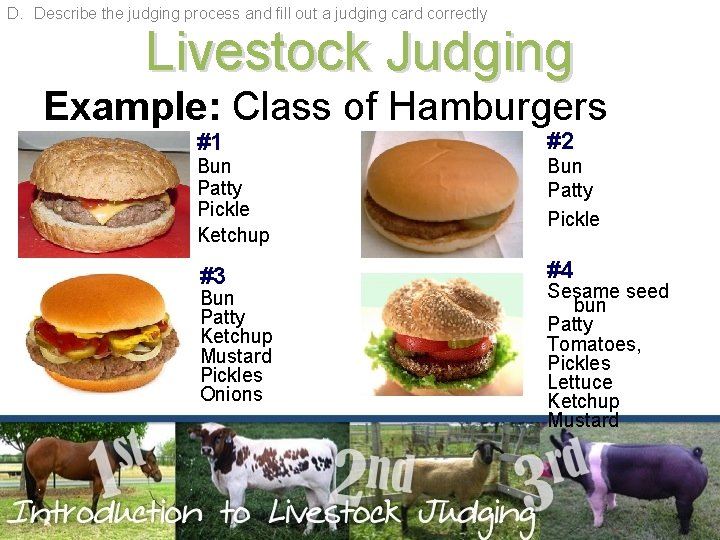 D. Describe the judging process and fill out a judging card correctly Livestock Judging