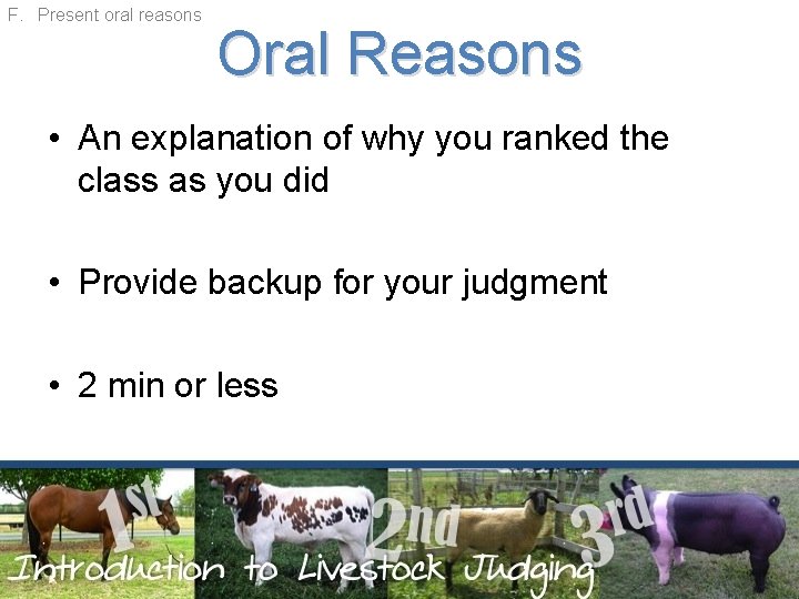 F. Present oral reasons Oral Reasons • An explanation of why you ranked the