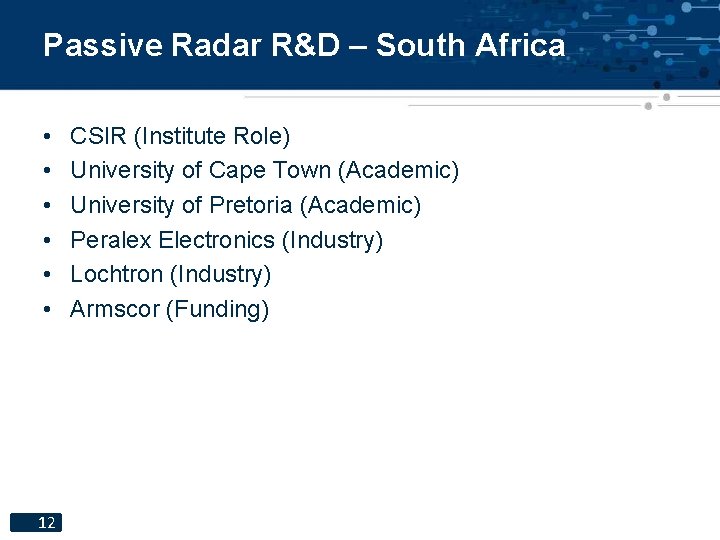 Passive Radar R&D – South Africa • • • 12 CSIR (Institute Role) University