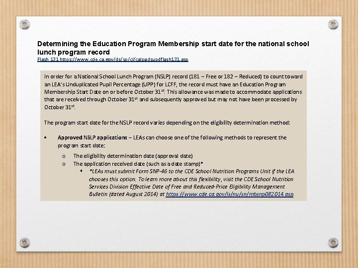 Determining the Education Program Membership start date for the national school lunch program record