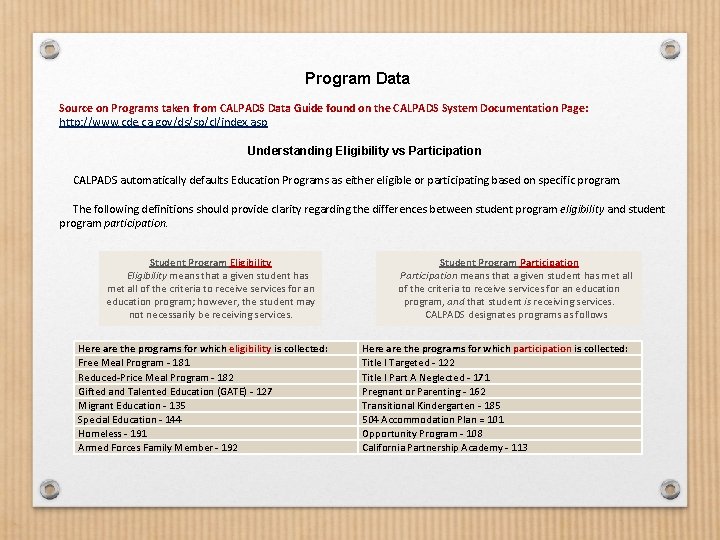 Program Data Source on Programs taken from CALPADS Data Guide found on the CALPADS