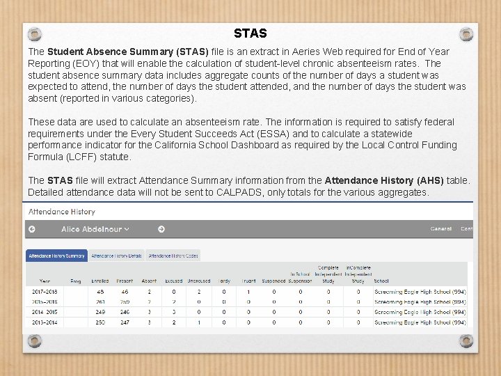 STAS The Student Absence Summary (STAS) file is an extract in Aeries Web required