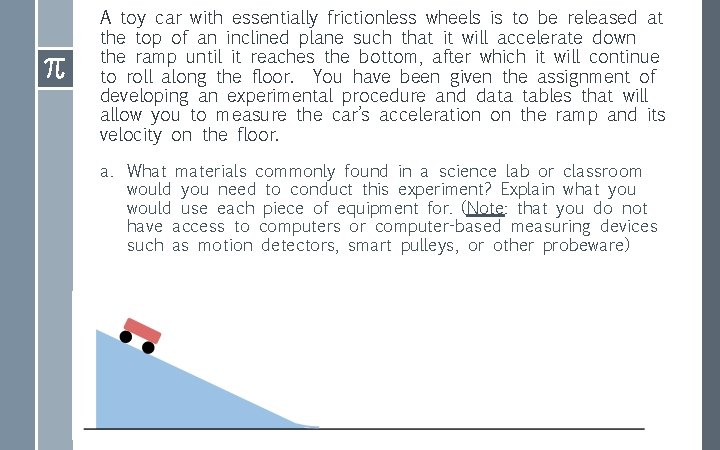 A toy car with essentially frictionless wheels is to be released at the top