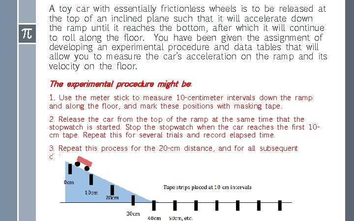 A toy car with essentially frictionless wheels is to be released at the top