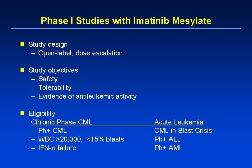 Phase I Studies with Imatinib Mesylate n Study design – Open-label, dose escalation n