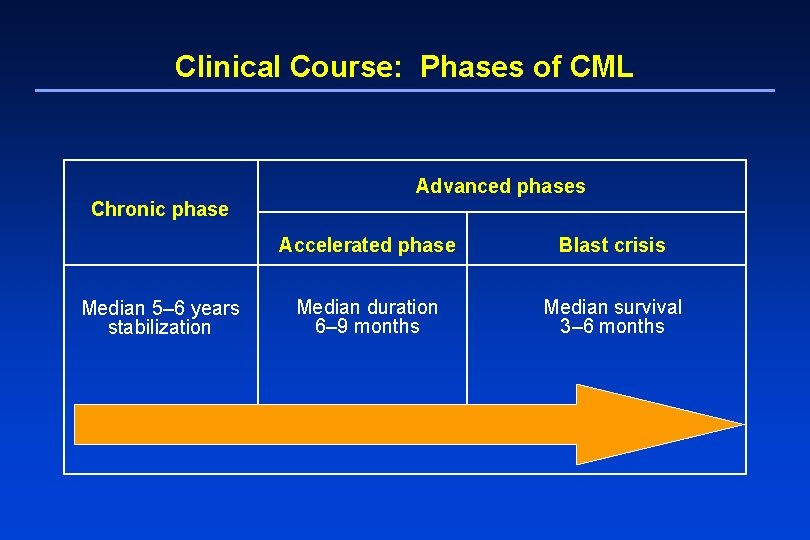 Clinical Course: Phases of CML Advanced phases Chronic phase Median 5– 6 years stabilization