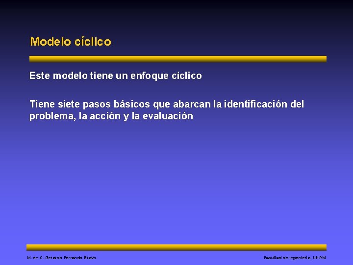 Modelo cíclico Este modelo tiene un enfoque cíclico Tiene siete pasos básicos que abarcan