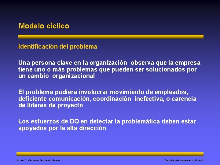 Modelo cíclico Identificación del problema Una persona clave en la organización observa que la