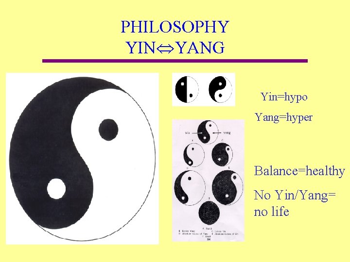 PHILOSOPHY YIN YANG Yin=hypo Yang=hyper Balance=healthy No Yin/Yang= no life 