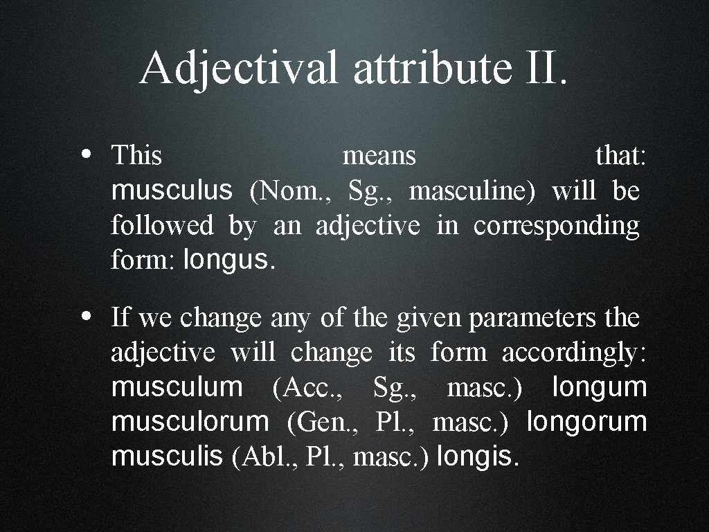 Adjectival attribute II. • This means that: musculus (Nom. , Sg. , masculine) will