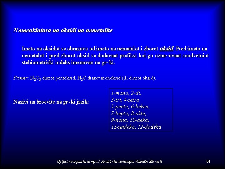 Nomenklatura na oksidi na nemetalite Imeto na oksidot se obrazuva od imeto na nematalot