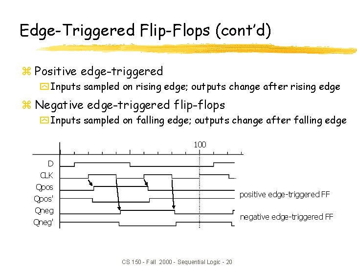 Edge-Triggered Flip-Flops (cont’d) z Positive edge-triggered y Inputs sampled on rising edge; outputs change