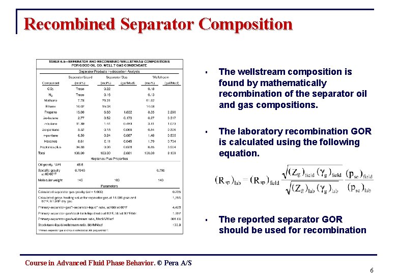 Recombined Separator Composition § The wellstream composition is found by mathematically recombination of the