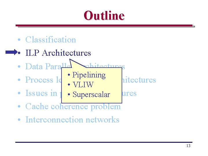 Outline • • Classification ILP Architectures Data Parallel Architectures • Pipelining Process level Parallel