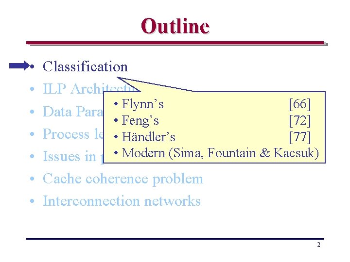 Outline • • Classification ILP Architectures • Flynn’s [66] Data Parallel Architectures • Feng’s