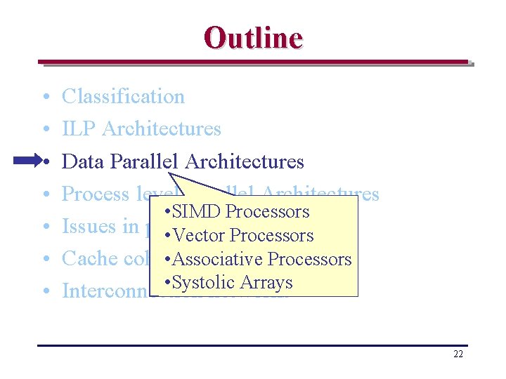 Outline • • Classification ILP Architectures Data Parallel Architectures Process level Parallel Architectures •