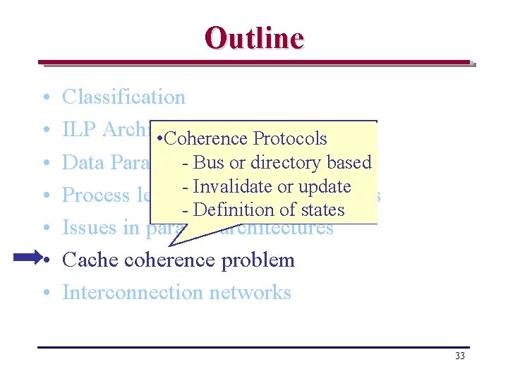 Outline • • Classification ILP Architectures • Coherence Protocols Bus or directory based Data