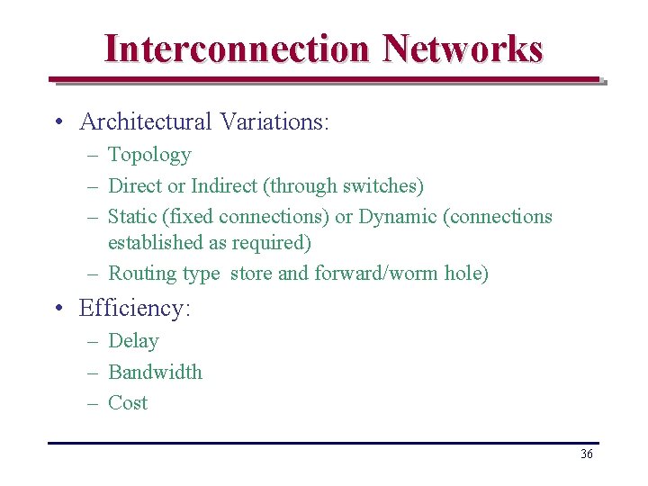 Interconnection Networks • Architectural Variations: – Topology – Direct or Indirect (through switches) –