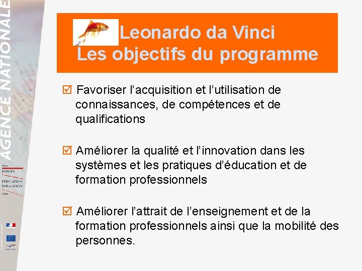 Leonardo da Vinci Les objectifs du programme Favoriser l’acquisition et l’utilisation de connaissances, de