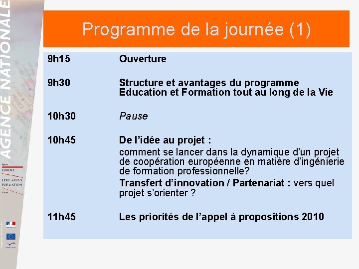 Programme de la journée (1) 9 h 15 Ouverture 9 h 30 Structure et