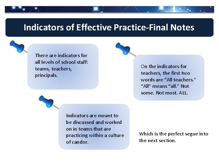 Indicators of Effective Practice-Final Notes There are indicators for all levels of school staff: