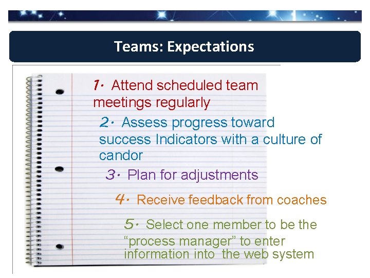 Teams: Expectations 1. Attend scheduled team meetings regularly 2. Assess progress toward success Indicators