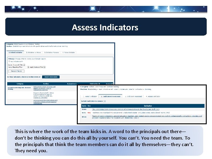 Assess Indicators This is where the work of the team kicks in. A word