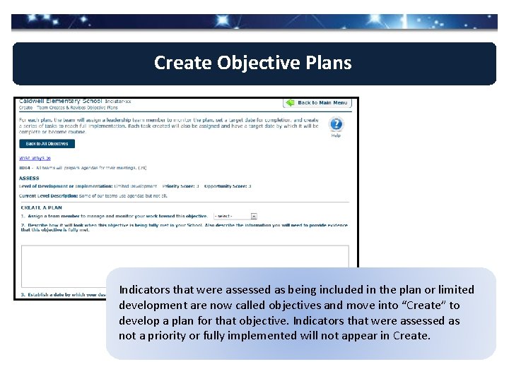 Create Objective Plans Indicators that were assessed as being included in the plan or