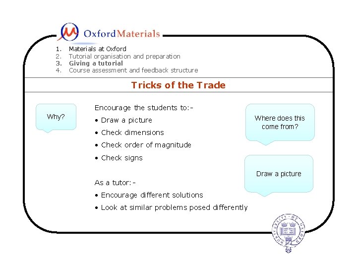 1. 2. 3. 4. Materials at Oxford Tutorial organisation and preparation Giving a tutorial