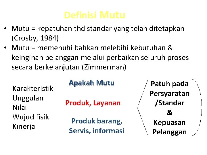 Definisi Mutu • Mutu = kepatuhan thd standar yang telah ditetapkan (Crosby, 1984) • Definisi Mutu • Mutu = kepatuhan thd standar yang telah ditetapkan (Crosby, 1984) •