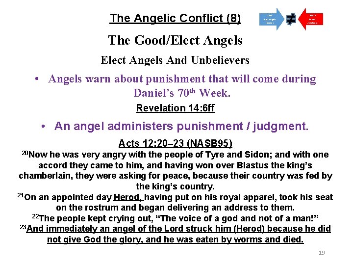 The Angelic Conflict (8) God Satan Elect Angels Believers Demons Unbelievers The Good/Elect Angels