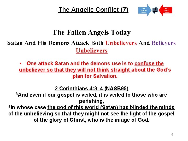 The Angelic Conflict (7) God Satan Elect Angels Believers Demons Unbelievers The Fallen Angels