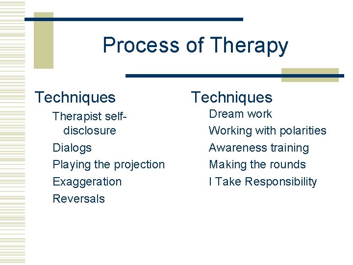 Process of Therapy Techniques Therapist selfdisclosure Dialogs Playing the projection Exaggeration Reversals Techniques Dream