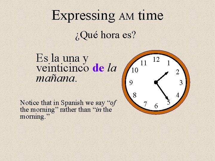 Expressing AM time ¿Qué hora es? Es la una y veinticinco de la mañana.