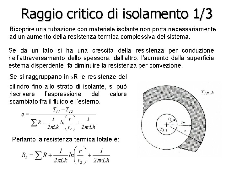 Raggio critico di isolamento 1/3 Ricoprire una tubazione con materiale isolante non porta necessariamente