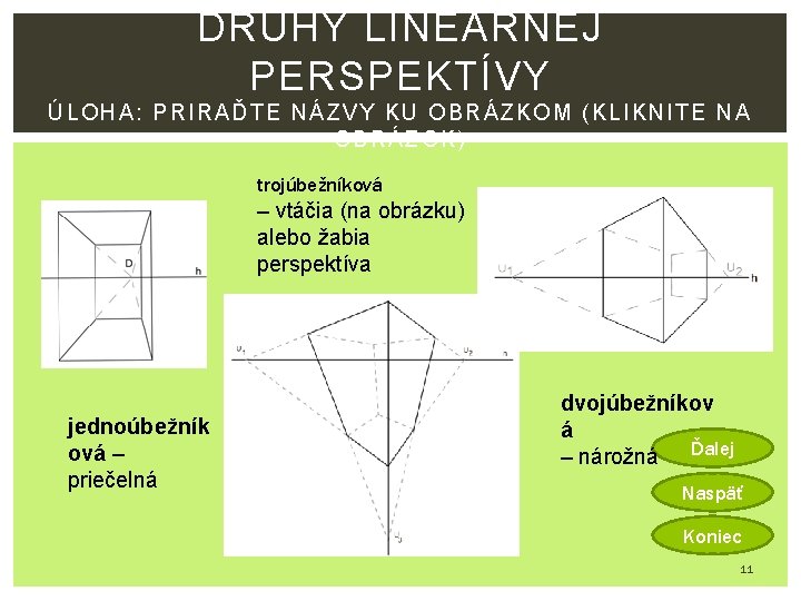 DRUHY LINEÁRNEJ PERSPEKTÍVY ÚLOHA: PRIRAĎTE N ÁZVY KU OBRÁZKOM ( KL IKNITE NA OBRÁZOK)