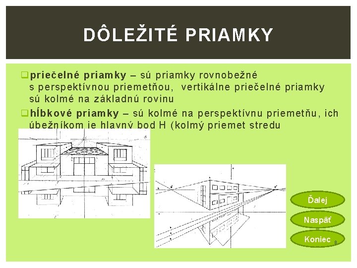 DÔLEŽITÉ PRIAMKY q priečelné priamky – sú priamky rovnobežné s perspektívnou priemetňou, vertikálne priečelné