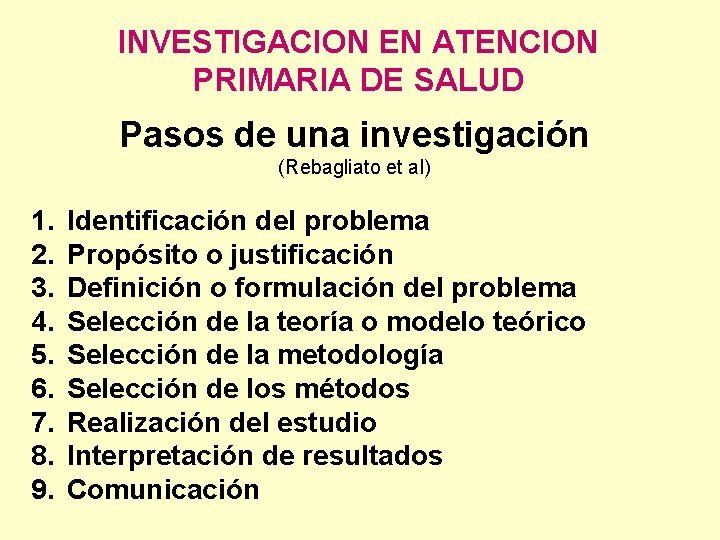 INVESTIGACION EN ATENCION PRIMARIA DE SALUD Pasos de una investigación (Rebagliato et al) 1.