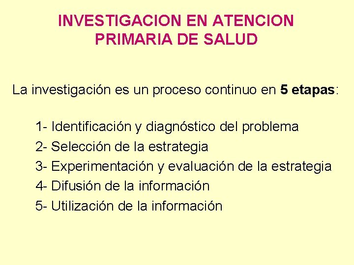 INVESTIGACION EN ATENCION PRIMARIA DE SALUD La investigación es un proceso continuo en 5