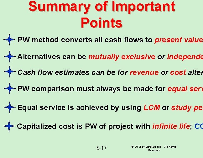 Summary of Important Points PW method converts all cash flows to present value Alternatives